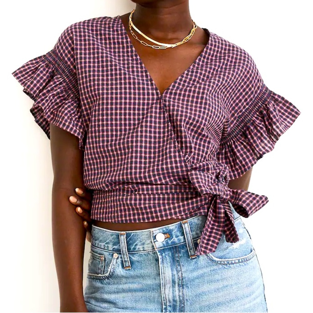 Madewell Gingham Print Ruffle Sleeve Wrap Top Size Medium